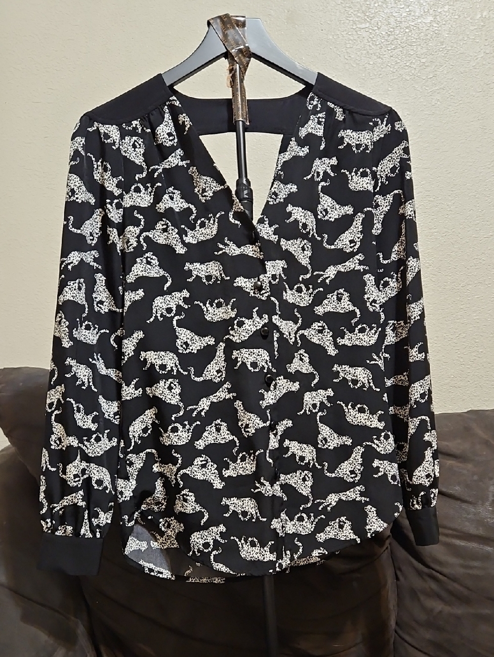 Bellatrix Black Button-Front Blouse with White Leopard Motif